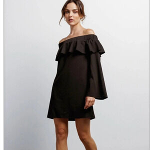 Black Off-The-Shoulder Ruffle
Long Bell Sleeve
Mini Dress